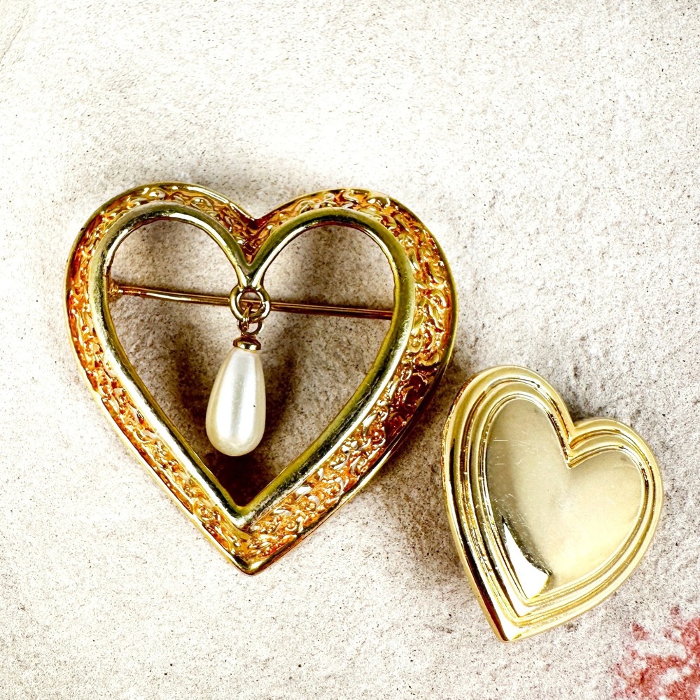 Lot 2 Vintage Gold Tone Heart Brooches Heart Variety Club Faux Pearl Pin